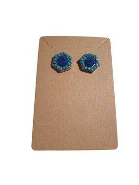 Hexagon Gold Tone Blue Acrylic Stud Earrings Vintage Jewelry Post Gift Women